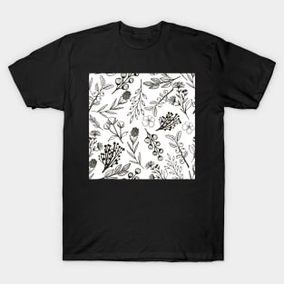 Wild Plants Seamless Pattern in Black and White T-Shirt